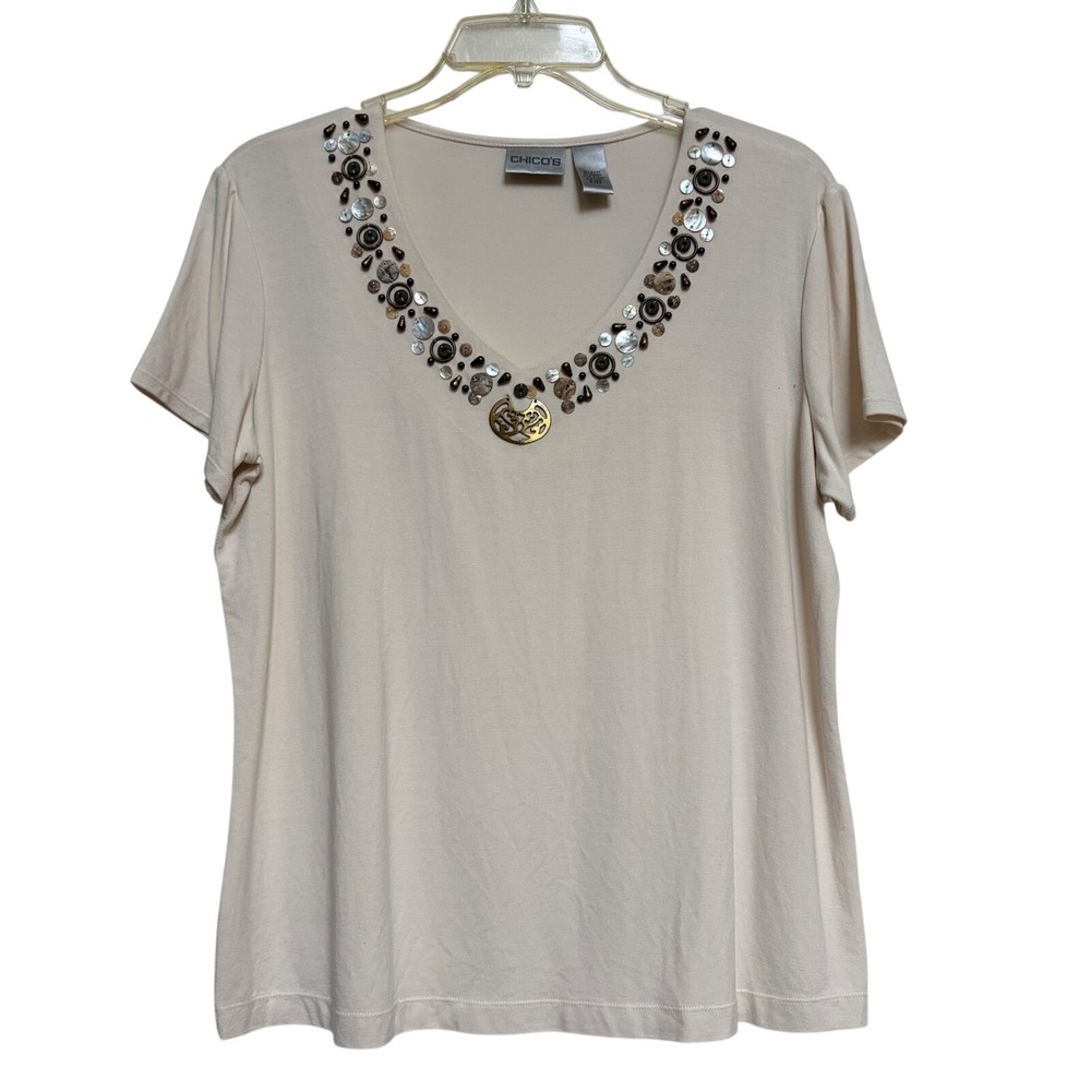 Chicos Cream‎ Embellished V-Neck Top Mother of Pearl Shell Beaded Size 2 Large